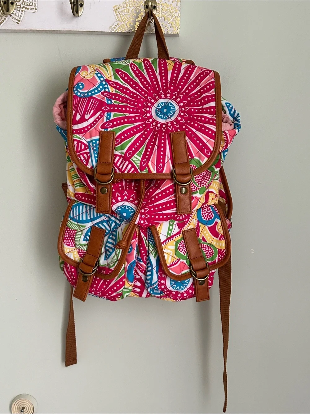Vibrant Pink Multi-Color Printed Backpack with Brown Trim